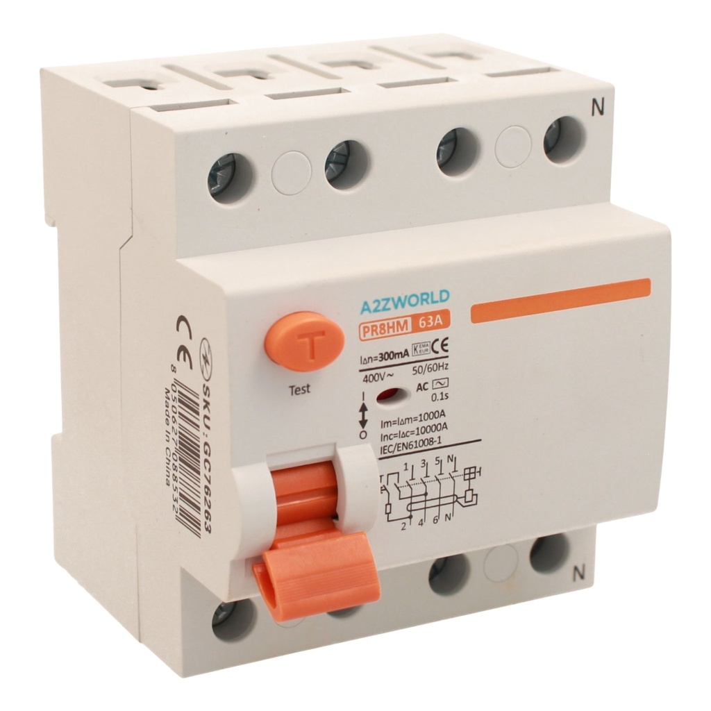 A2ZWORLD RCCB Interruttore Differenziale Puro Tipo AC 3P+N 4M 10000A 63A AC 400V IP20 IEC61008-1 PR8HM, Disponibili 30mA 300mA