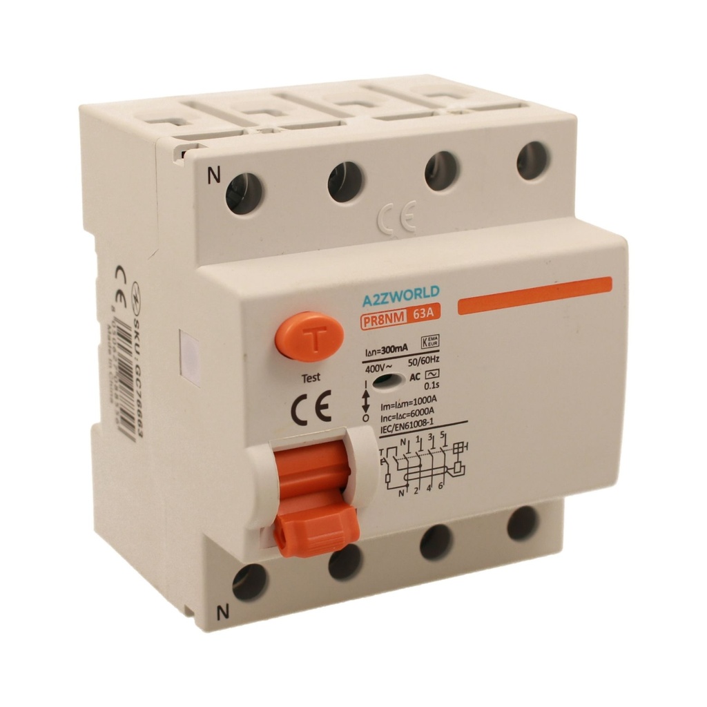 A2ZWORLD RCCB Interruttore Differenziale Puro Tipo AC 3P+N 4M 6000A 63A AC 400V IP20 IEC61008-1 PR8NM, Disponibili 30mA 300mA