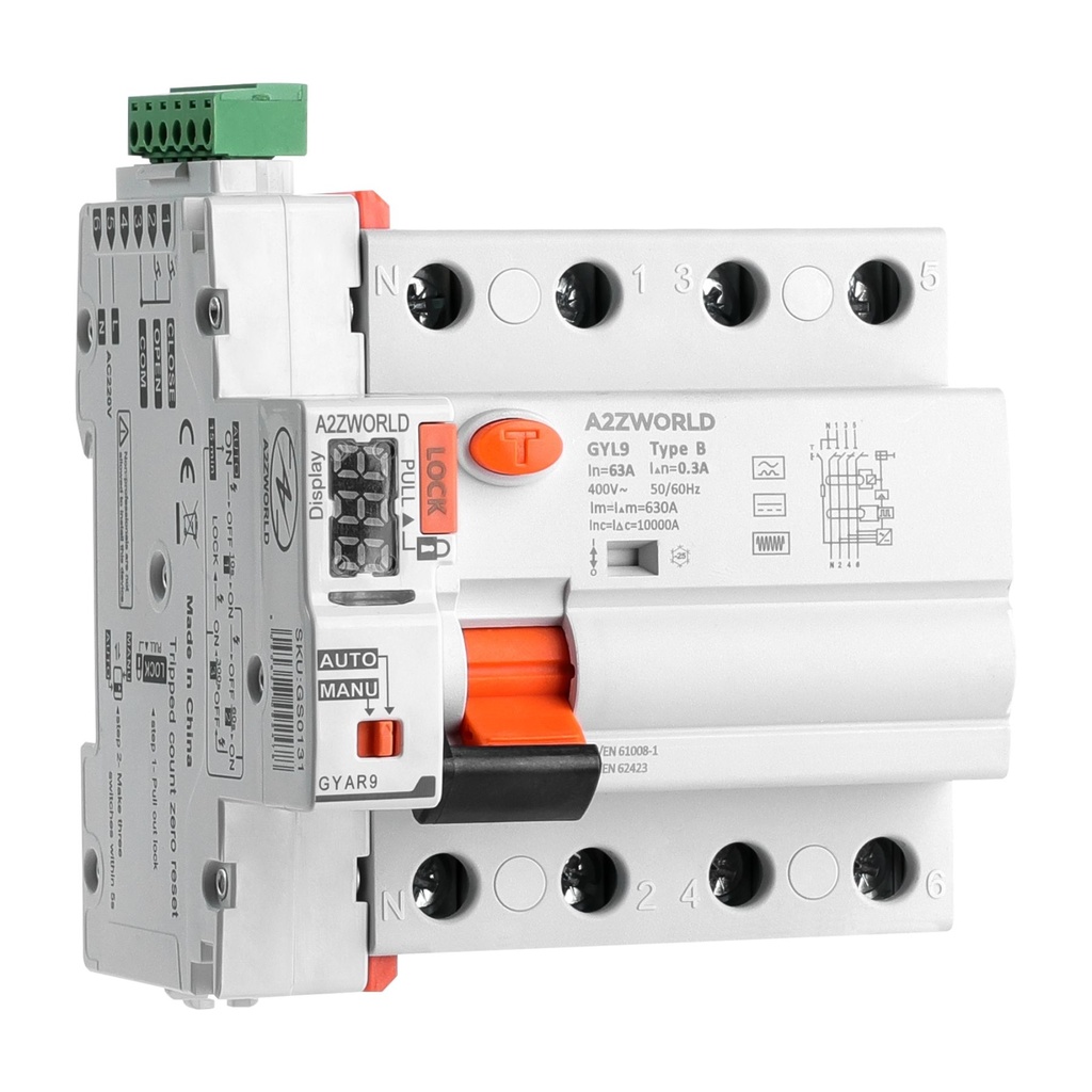 RCCB Interruttore Differenziale Riarmo Automatico Tipo B 3P+N 5M 10000A 63A AC 400V IP20 IEC61008-1 / IEC62423 GYL9, Disponibili 30mA 300mA