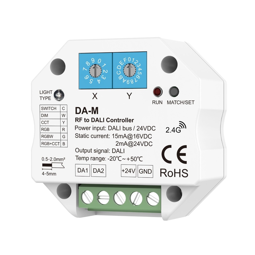 [DD7105] Controller RF a DALI DA-M Convertitore 2.4GHz per LED Compatibile RGB RGBW CCT Dimmer DT6 DT8 Controllo Remoto Multi Zona Alimentazione Bus DALI o 24V