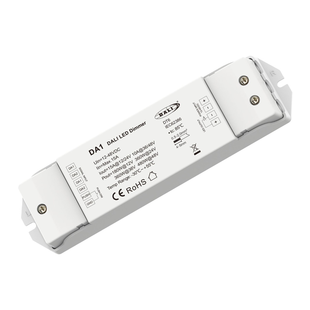 [DD7211] Attuatore Dimmer DALI LED 1 Canale 12-48V 15A DA1 Controller Strisce LED CV PWM DALI-2 con Push Dim Protezioni Integrate Alta Potenza 480W
