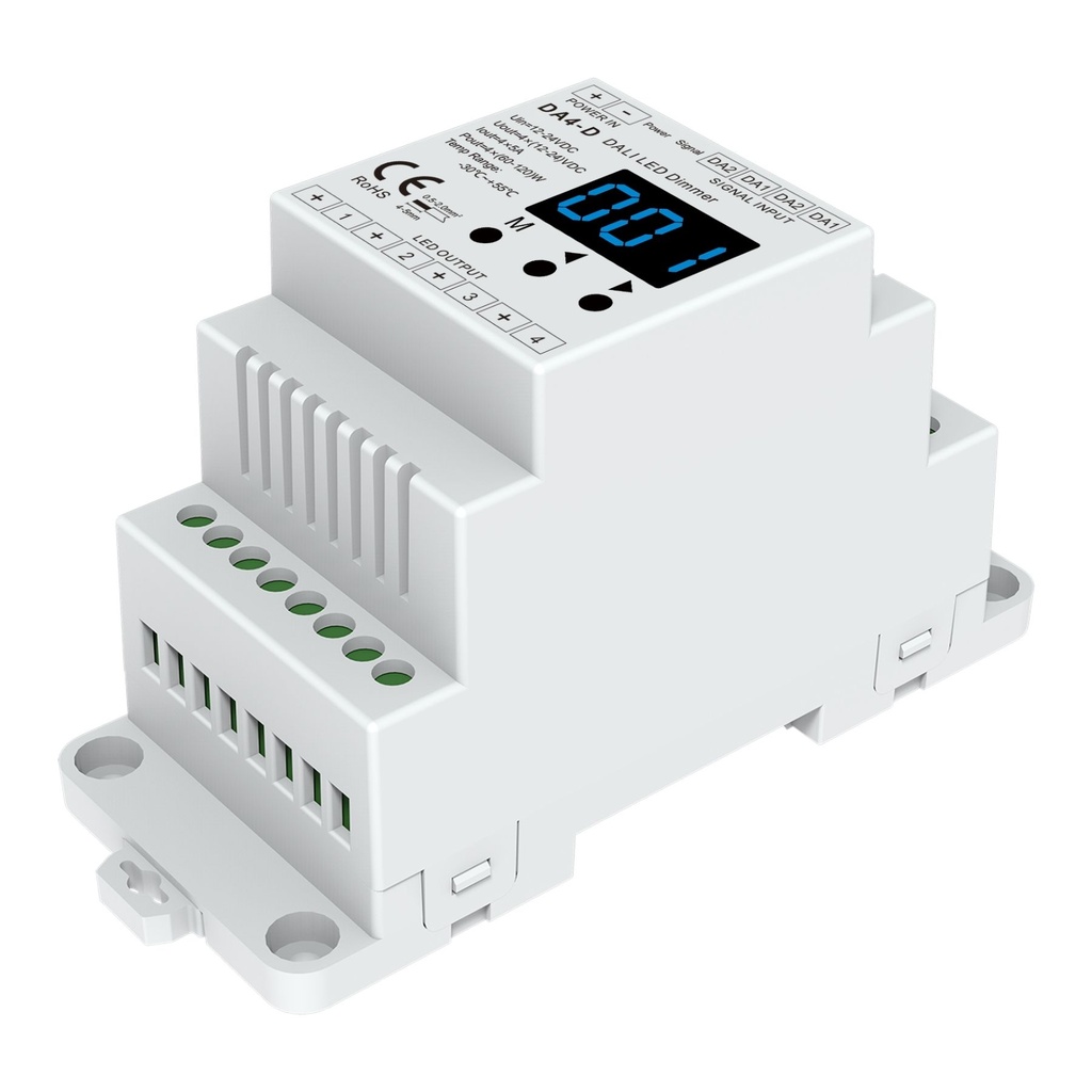 [DD7226] Dimmer DALI 4 Canali Guida DIN, Con Display Digitale, 4X5A@12V/24V, 4X3A@36V/48V, Dimmerabile AC Push Dim, DALI-2, PWM, 4 Indirizzi, DT6 DT8 per Strisce LED Monocolore CCT RGB RGBW
