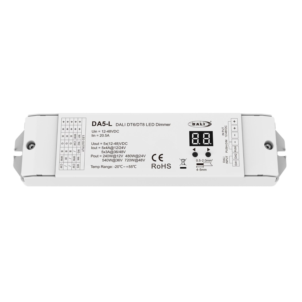 Dimmer DALI 5 Canali, 5X4A@12V/24V, 5X3A@36V/48V, Dimmerabile Con Pulsante NO, Push Dim, DALI-2, PWM, DT6 DT8 per Strisce LED Monocolore CCT RGB RGBW RGB+CCT