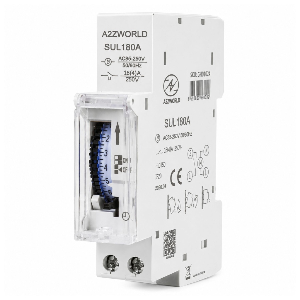 Orologio Interruttore Orario Giornaliero Meccanico su Guida DIN, Timer Switch 24 Ore, Riserva di Carica 100 Ore, 16A, 85-250V AC, 96 Pin, Programmazione Minima 15 Minuti