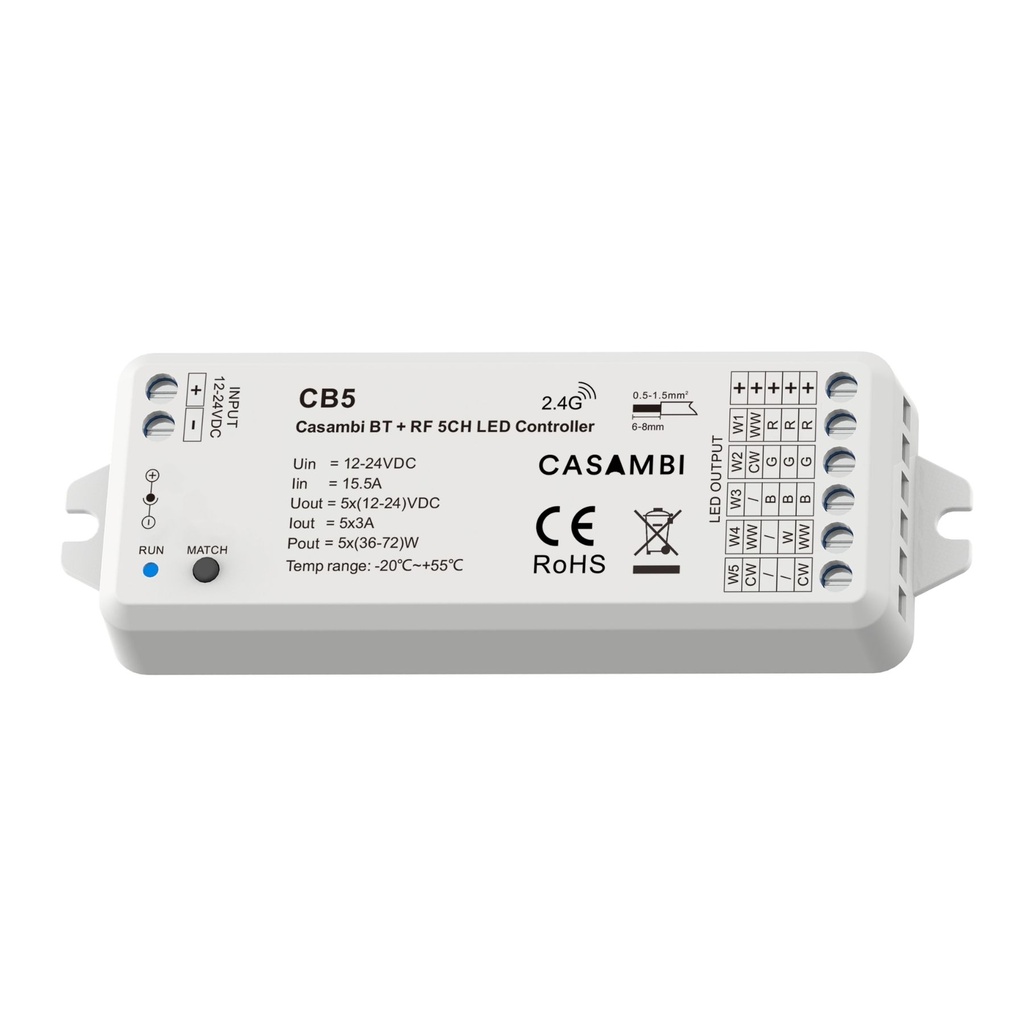 Led Dimmer Bluetooth APP Casambi, RF 2.4GHz, 5 in 1 Per Striscia Led Mono Colore CCT RGB RGBW RGB+CCT 12V 24V 5CHX3A, 0-100%