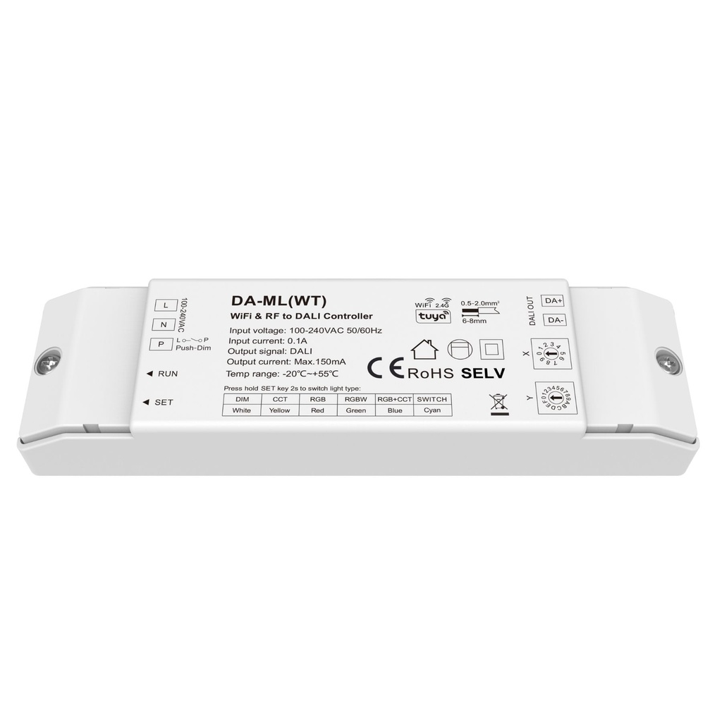 Dimmer DALI WiFi + RF 2.4GHz, Controller per DIM CCT RGB RGBW RGB+CCT, App Tuya Smart Life, Push Dim, 1 Indirizzo, Uscita 16VDC Max 150mA, Input AC220V
