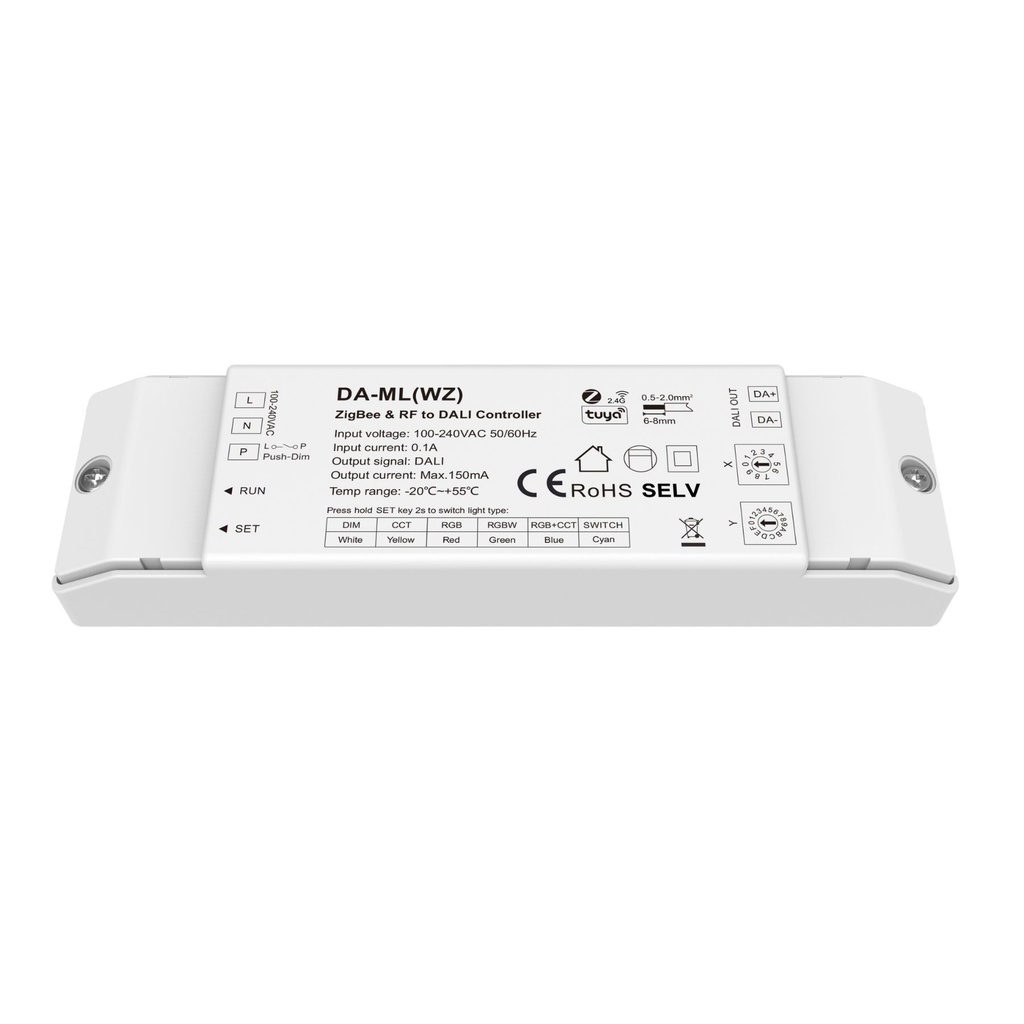 Dimmer DALI ZigBee + RF 2.4GHz, Controller per DIM CCT RGB RGBW RGB+CCT, App Tuya Smart Life, Push Dim, 1 Indirizzo, Uscita 16VDC Max 150mA, Input AC220V