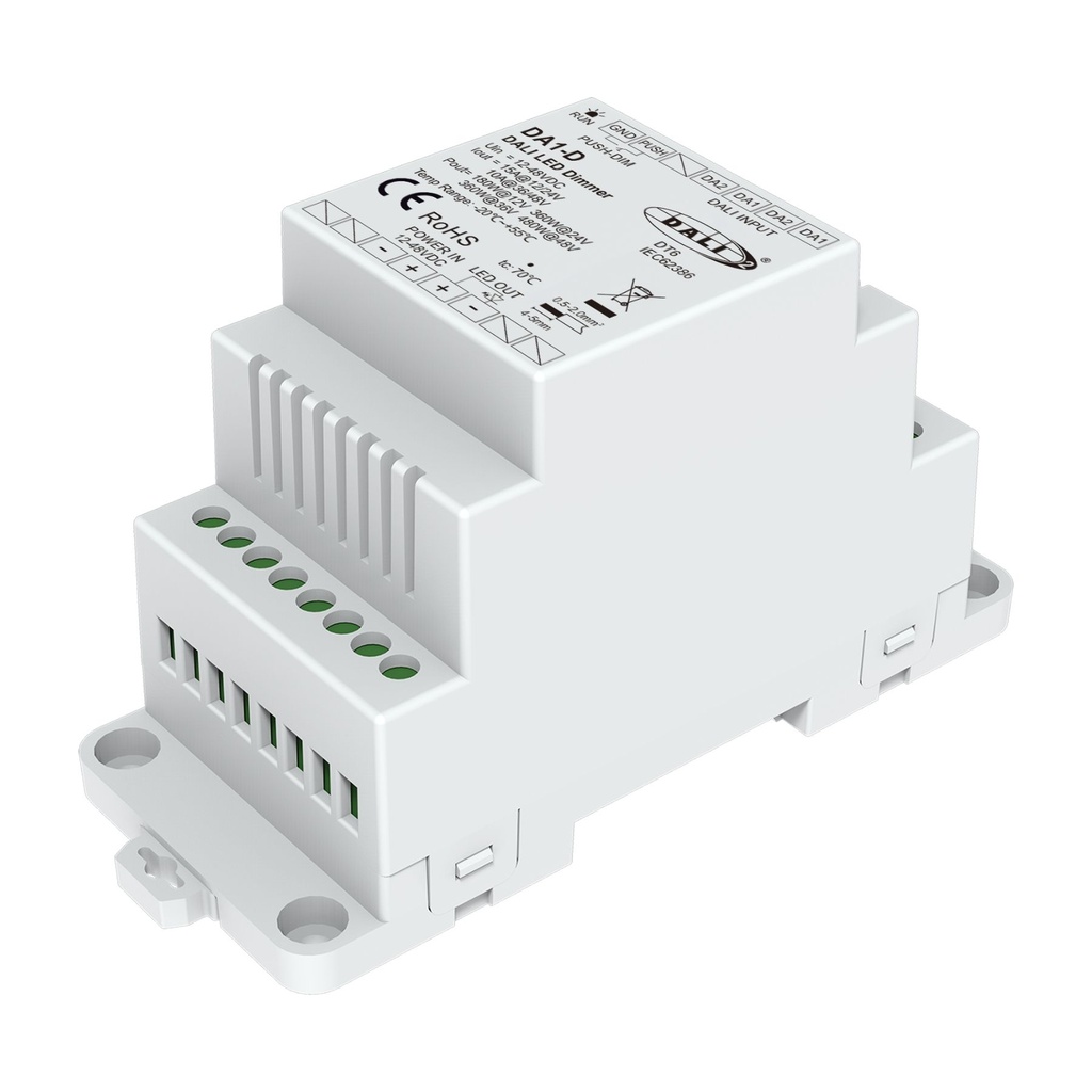 Dimmer DALI Da Guida Barra DIN, 12V 24V 36V 48V 15A, 1 Canale Tensione Costante, Push Dim, DALI-2, PWM 2KHz 8KHz 16KHz, per Strisce LED Monocolore