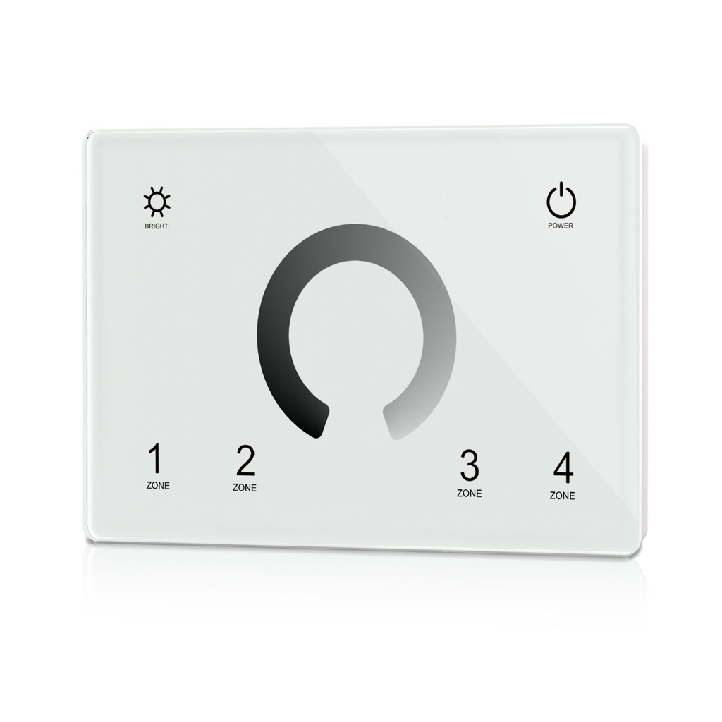 Pannello Touch DMX512 da Parete 4 Zone per LED Monocolore, Master DMX e Telecomando RF 2.4GHz, 100-240V AC, Dimmer 0-100%, Per Scatola 503