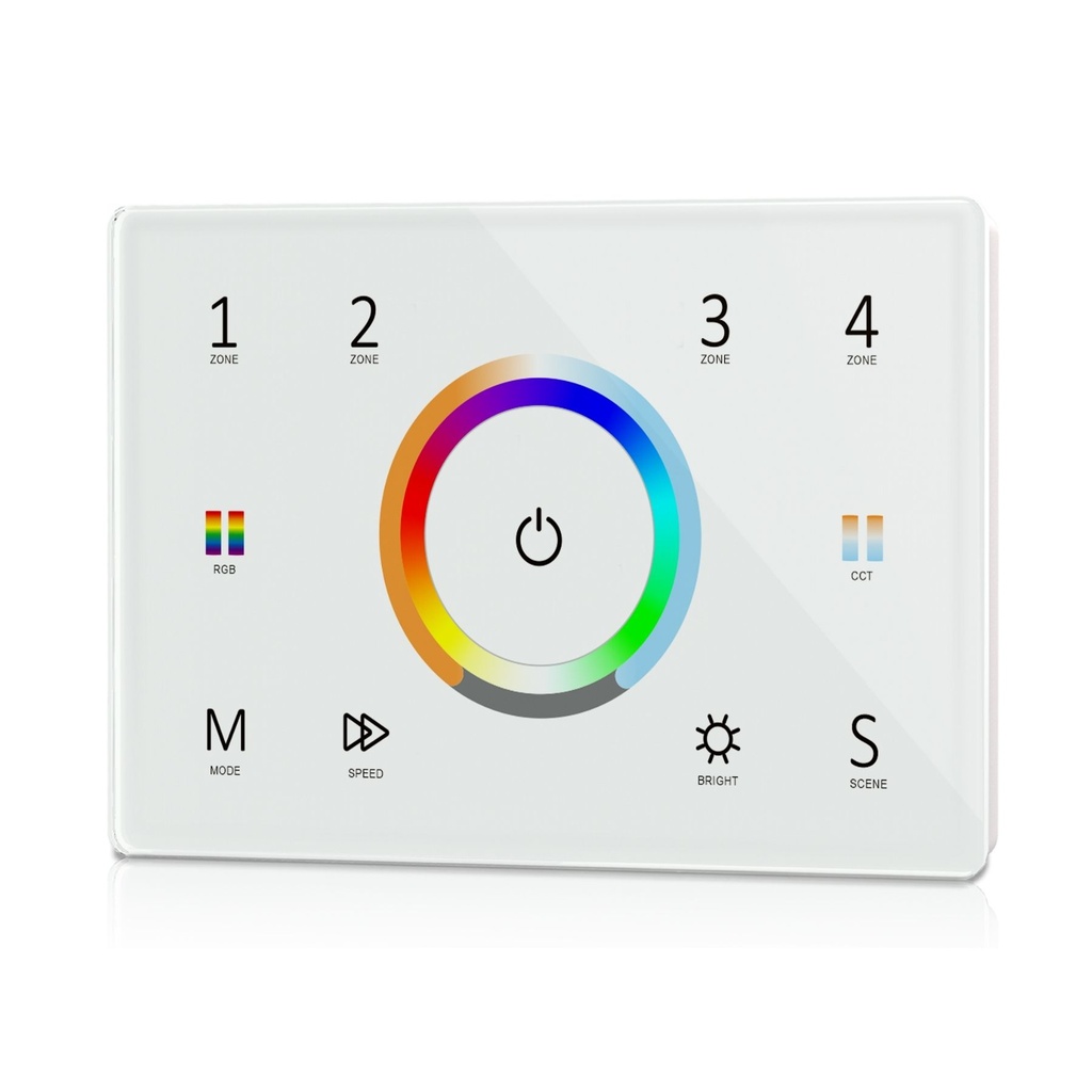 Pannello Touch DMX512 da Parete 4 Zone 5 in 1 Bianco,  Master DMX e Telecomando RF 2.4GHz, per Monocolore CCT RGB RGBW RGB+CCT, Compatibile con Scatola 503 Italiana