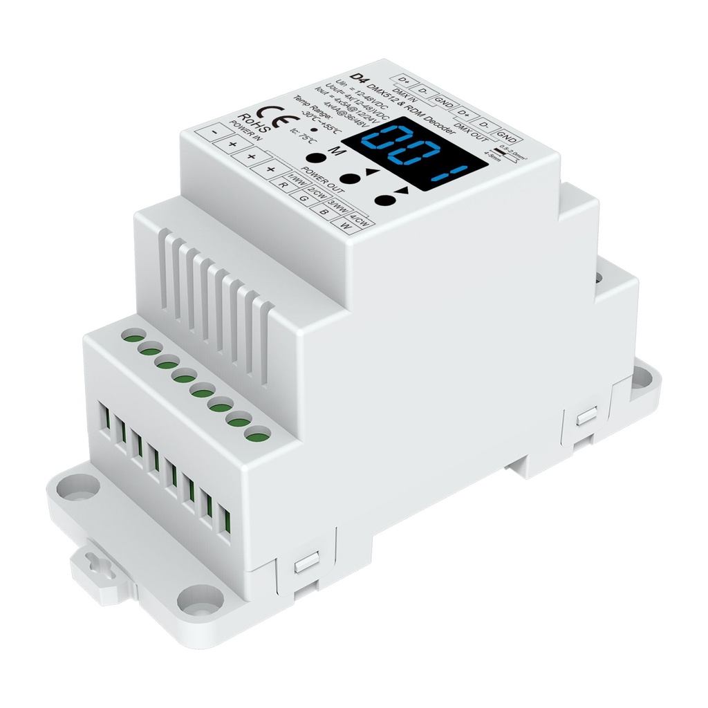 Decoder DMX512 RDM 4 Canali a Tensione Costante, Bianco, 12V 24V 36V 48V, 4x5A, PWM 250-32000Hz, per Strisce LED Monocolore CCT RGB RGBW, Guida DIN