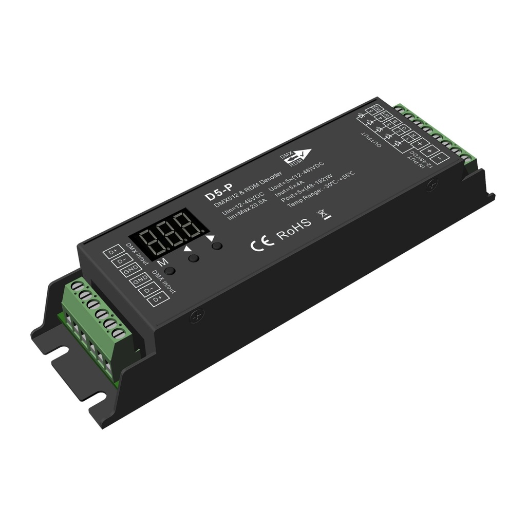 Decoder DMX512 RDM 5 Canali a Tensione Costante, Con Morsetti Verdi, 12V 24V 36V 48V, 5X4A, PWM 250-32000Hz, per Strisce LED Monocolore CCT RGB RGBW RGB+CCT, D5-E