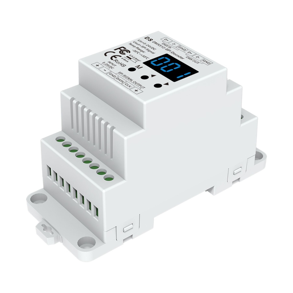 Decoder DMX512 a SPI con Telecomando RF 2.4GHz, per Strisce LED Running Digitali IC WS2811 WS2812 WS2815 SK6812 RGB e RGBW, Display Digitale, 5-24V DC, Guida DIN