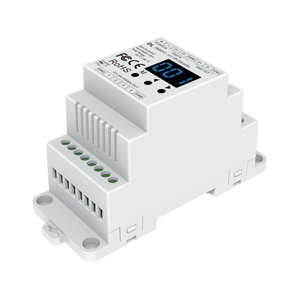 Decoder DMX512 0-10V 1-10V 4 Canali, RDM, 12-24V DC, 20mA/CH, 1/2/4 Canali Selezionabili, Curva Lineare o Logaritmica, Guida DIN