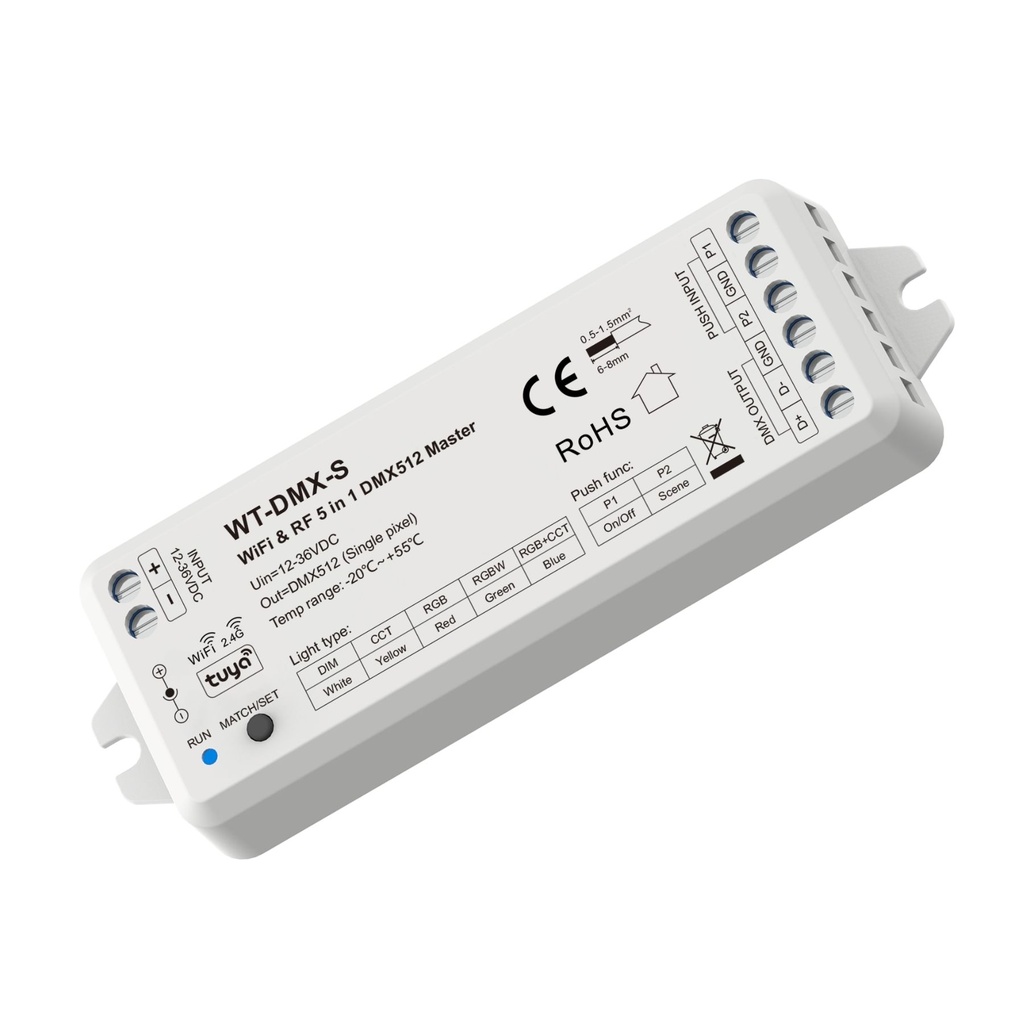 Controller WiFi DMX512 Master, APP Tuya Smart Life, RF 2.4GHz e Push,  5 in 1 per DIM CCT RGB RGBW RGB+CCT, 12V 24V 36V DC, 8 Bit 16 Bit, Controllo Vocale