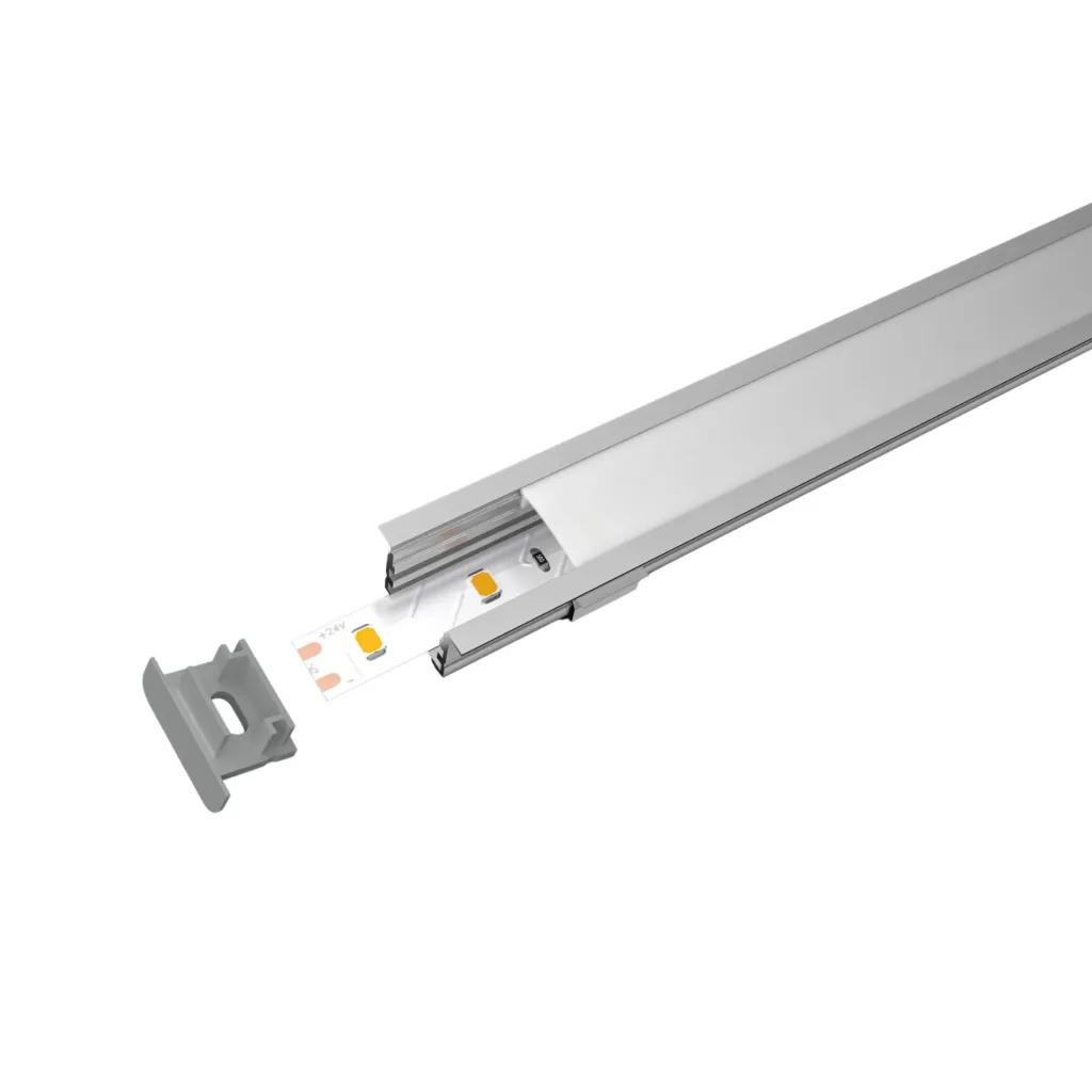 Kit Profilo Alluminio Completo Da 2 Metri Per Striscia Led, Super Larga e Alta, Dimensione 30X20mm, Larghezza Interna 25mm, 250g/m, Copertura Opale, Tappi Chiusura e Clip Fissaggio Incluso