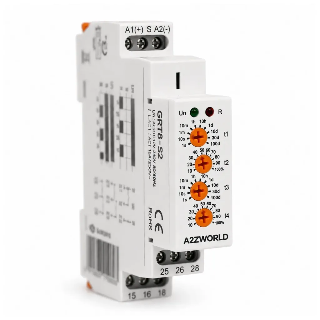 Relè Temporizzato Ciclico Asimmetrico, AC/DC 12-240V, 2 Contatti SPDT 16A, Timer Pausa Lavoro, Relay Lampeggiatore, Rele Intermittente, 1 Modulo Barra DIN