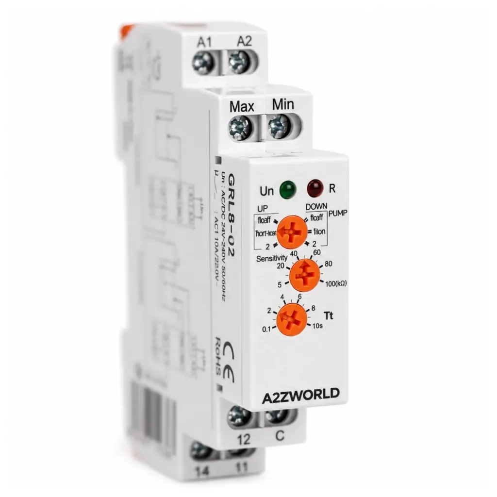 Relè Controllo Livello Liquidi Avanzato, AC/DC 24-240V 10A, Controllo 1 o 2 Livelli, Pump Up/Down, Ritardo 0,1-10S, Regolatore Livello Acqua,  Per Pompe e Serbatoi, 1 Modulo Guida Din