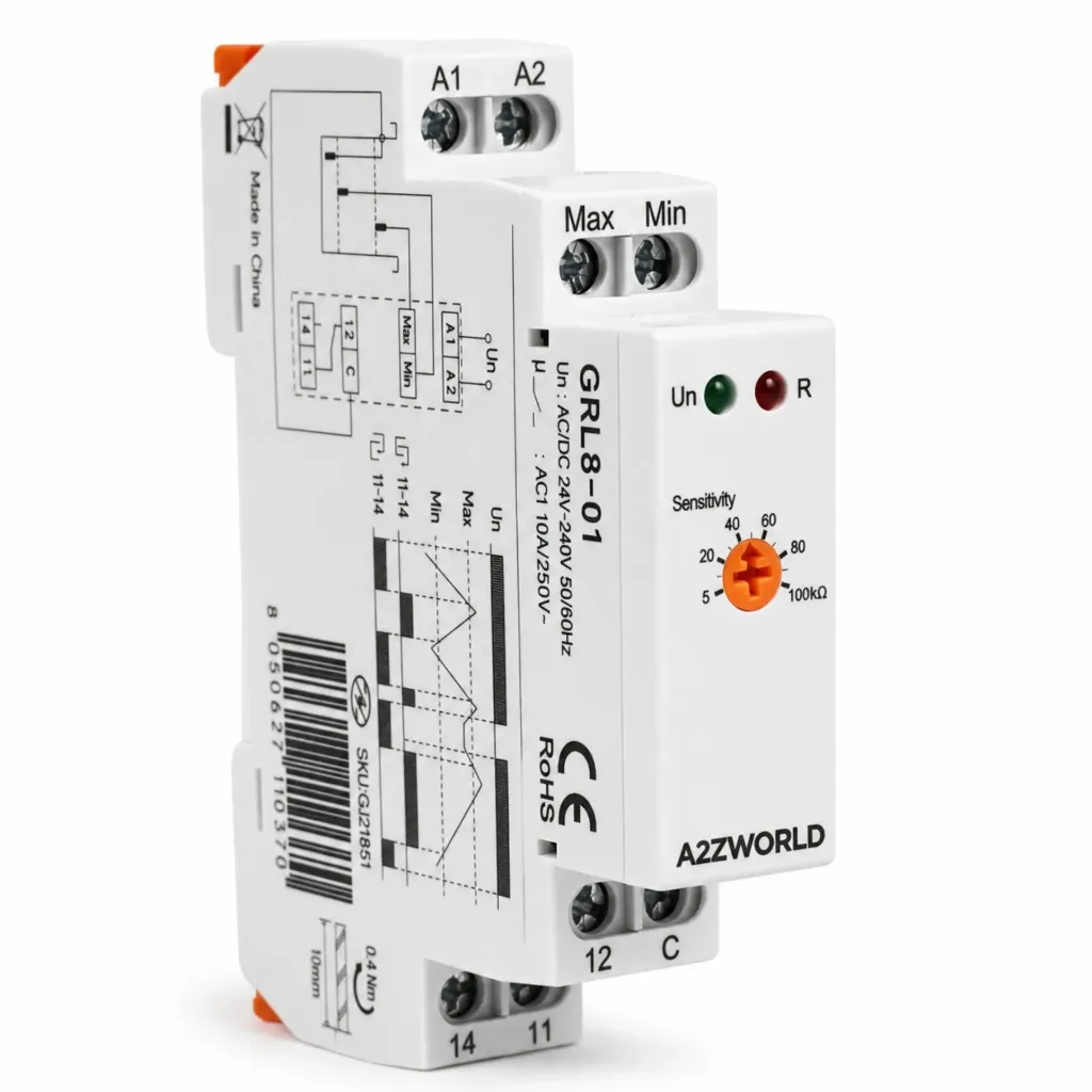 Relè Controllo Livello Liquidi, AC/DC 24-240V 10A, Gestione Semplice del Livello tra Minimo e Massimo, Regolatore Livello Acqua, Per Pompe e Serbatoi, 1 Modulo Guida Din