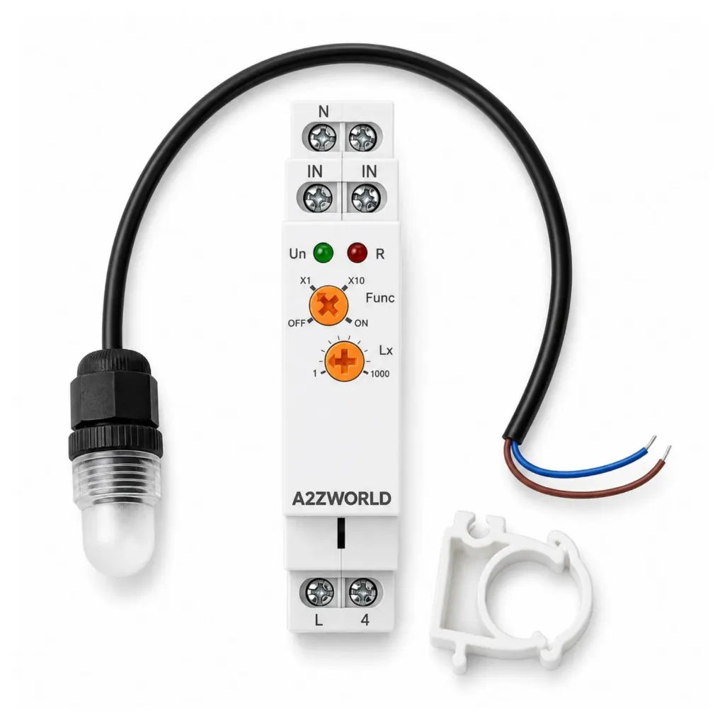 Relè Interruttore Crepuscolare Modulare, 220V 16A, Sensore Luce Esterno Incluso, Regolabile 1-10000 Lux, 1 Modulo Barra DIN