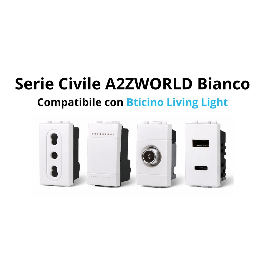 [MBL1522] Serie Civile A2ZWORLD MBL Bianco Compatibile Con Bticino Living Light (Presa USB C PD + USB A QC 2 Moduli)