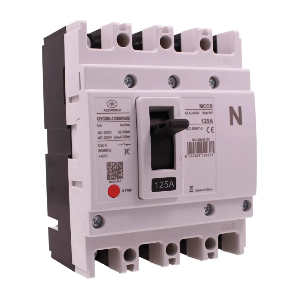 Interruttore Scatolato MCCB 4 Poli 3P+N, Magnetotermico Industriale Trifase, Icu/Ics 36kA/18kA, Ui AC400V, Uimp 8kV, Cat. A, IEC 60947-2, Disponibili 100A 125A