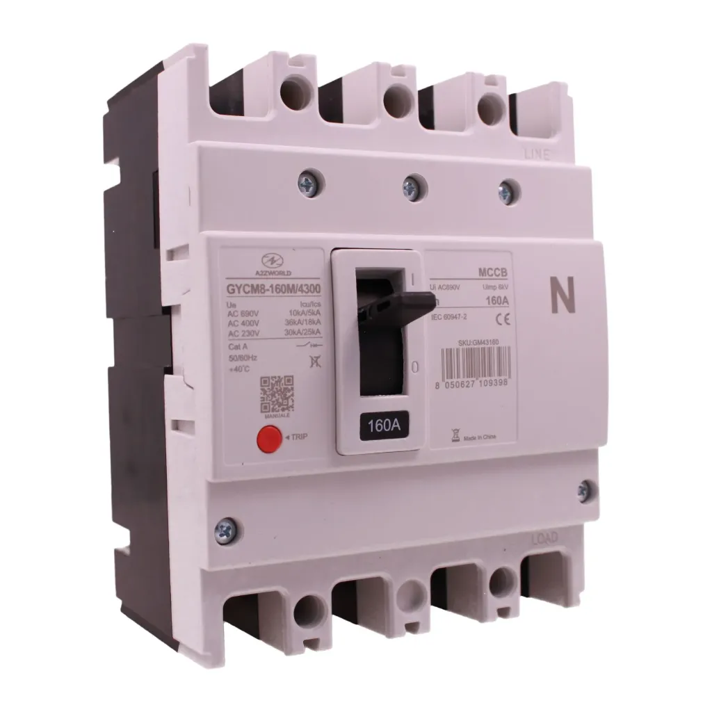 Interruttore Scatolato MCCB 160A 4 Poli 3P+N, Magnetotermico Industriale Trifase, Icu/Ics 36kA/18kA, Ui AC690V, Uimp 8kV, Cat. A, IEC 60947-2