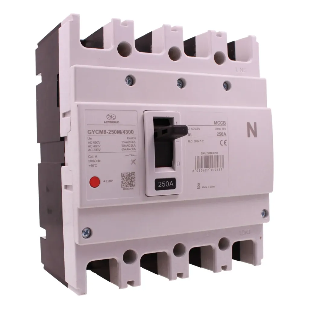 Interruttore Scatolato MCCB 250A 4 Poli 3P+N, Magnetotermico Industriale Trifase, Icu/Ics 50kA/35kA, Ui AC690V, Uimp 8kV, Cat. A, IEC 60947-2, Disponibili 200A 250A