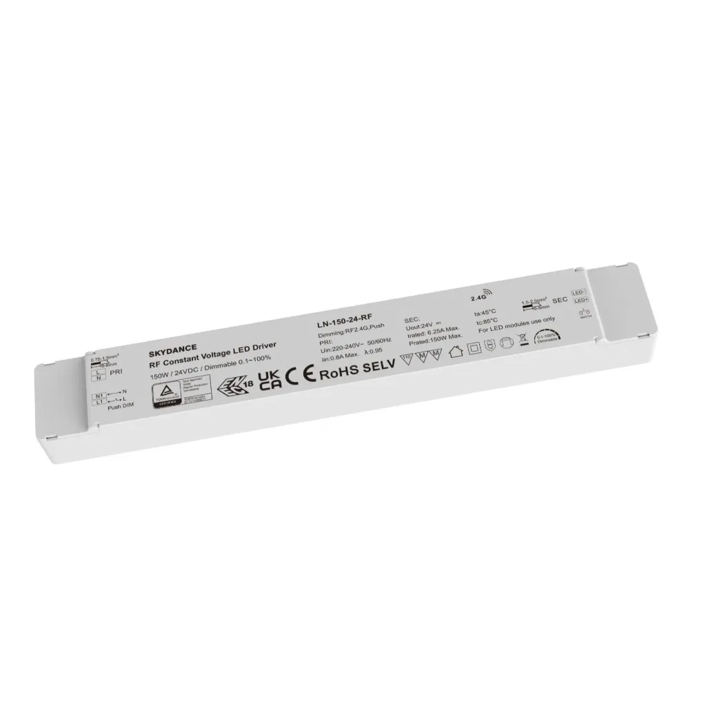 Alimentatore Dimmerabile LED 24V 150W, RF 2.4G e Push Dim per Strisce LED 310X45X30mm LN-150-24-RF