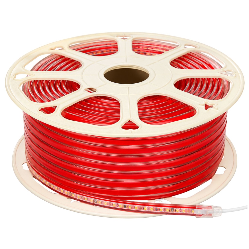 Striscia Led 220V AC IP65 Da 100 Metri, 10W/M 120SMD/M 1250LM/M, Trasparente Biadesivo Rosso Forte, Tagliabile Ogni 10cm, 10X5mm, Angolo 180°, IP65, Tanti Accessori Inclusi, Disponibili 3000K 4000K 6000K