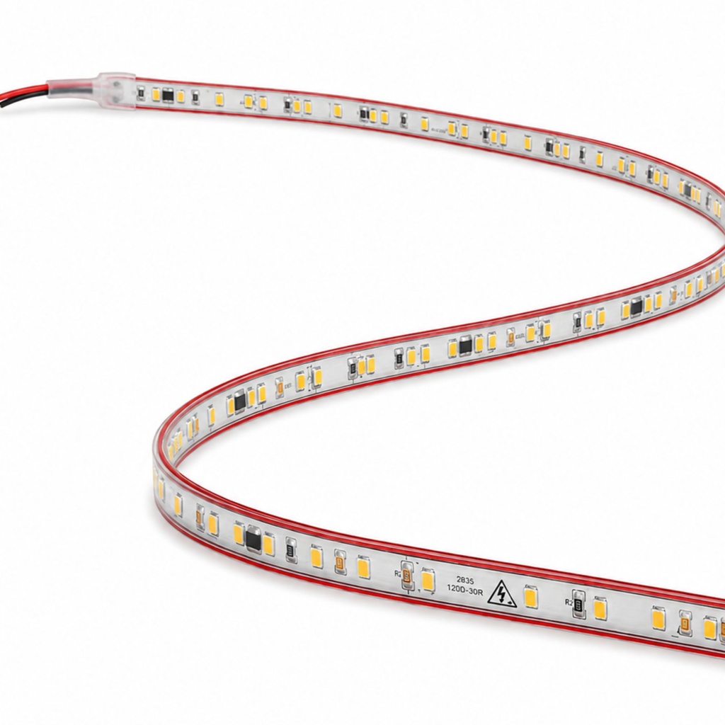 1 Metro Striscia Led 220V AC IP65, 10W/M 120SMD/M 1250LM/M, Trasparente Biadesivo Rosso Forte, Tagliabile Ogni 10cm, 10X5mm, Angolo 180°