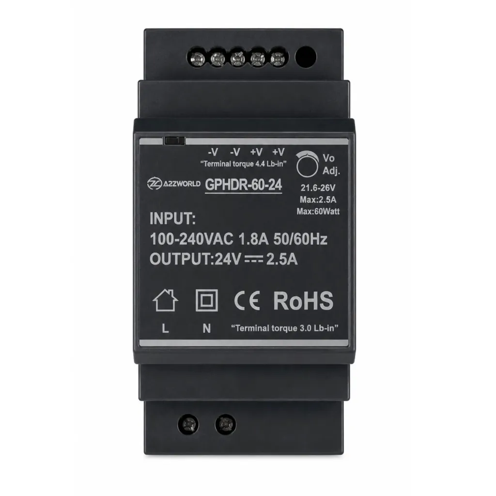 Alimentatore Trasformatore Da Guida Barra DIN 60W, 3 Moduli, Serie HDR-60, Disponibili DC 12V 24V