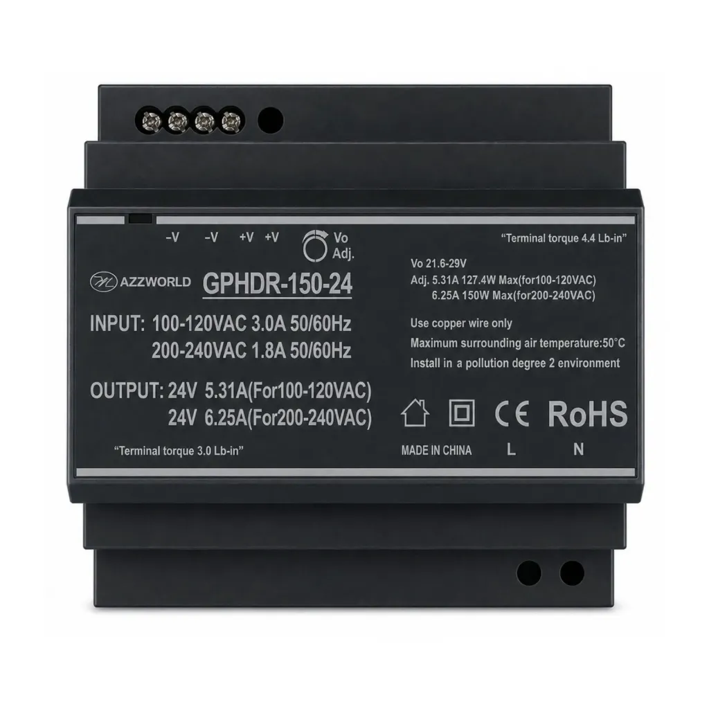 Alimentatore Trasformatore Da Guida Barra DIN 150W, 6 Moduli, Serie HDR-150, Disponibili DC 12V 24V