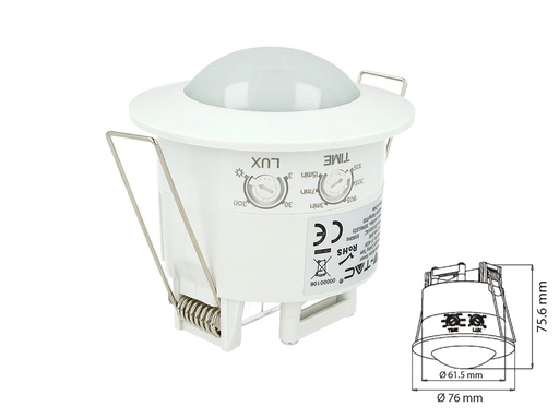 [CL1940] Sensore di Movimento a Infrarossi e Crepuscolare Montaggio Da Incasso Colore Bianco 360 Gradi IP20 SKU-5090