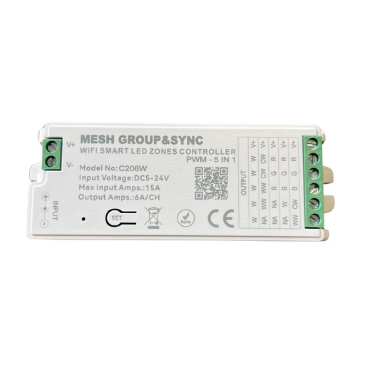[CLC106W] Centralina Controller 5 In 1 WIFI, RF 2.4G TUYA, Smart Life, Max 15A Tot. (6A/CH) DC5-24V 360W, Per Striscia Led Mono Colore, CCT, RGB, RGBW, RGBCCT