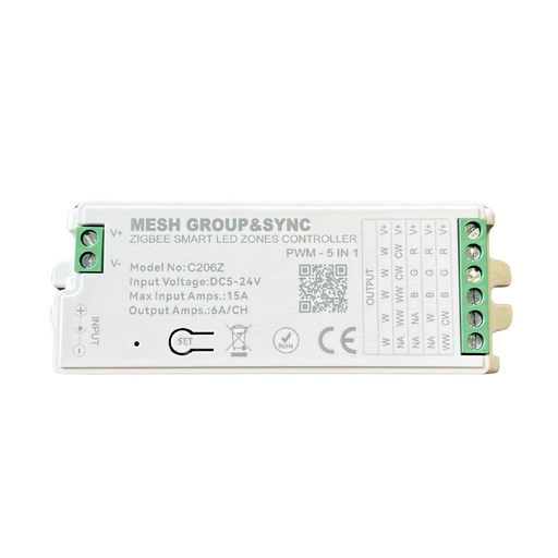 [CLC106Z] Centralina Controller 5 In 1 ZigBee, RF 2.4G TUYA, Smart Life, Max 15A Tot. (6A/CH) DC5-24V 360W, Per Striscia Led Mono Colore, CCT, RGB, RGBW, RGBCCT