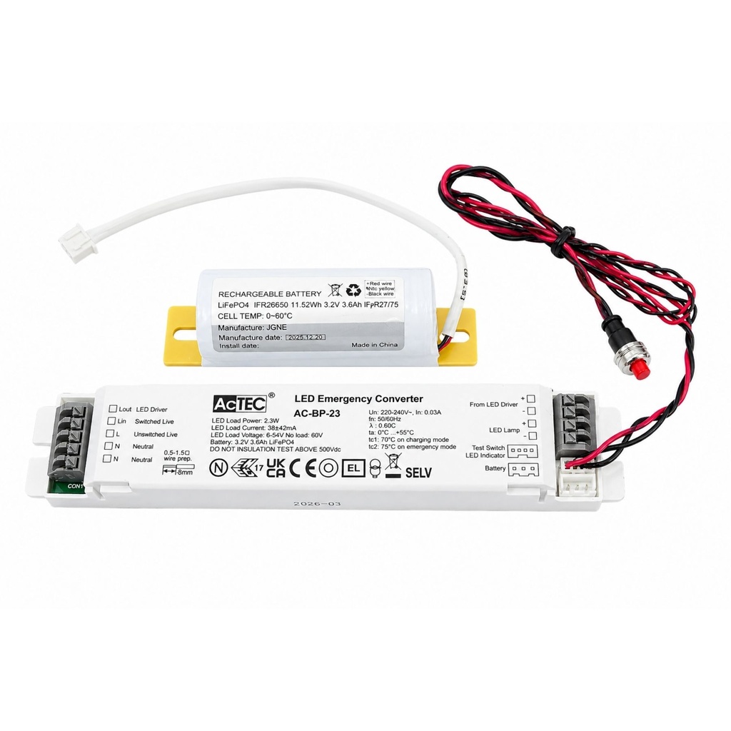 [DC7022B] Kit Emergenza LED, Modulo Conversione Emergenza per Lampade LED con Driver Separato, 2,3W 6–54V 383–42mA, Autonomia 3 Ore, Batteria LiFePO4 3,2V 3,6Ah, IP20