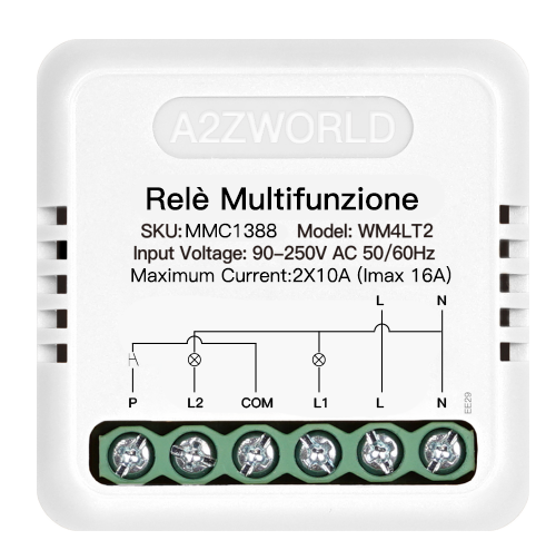 [MMC1388] Relè Multifunzione 2 Canali Da Incasso, Silenzioso Con Memoria, 8 Modalità In 1 (Passo-Passo Bistabile, Commutatore, Alternanza A/B 1NO+1NC, Monostabile, 3/4 Sequenze, Temporizzato 3 Minuti), 2X10A (Imax 16A) 220V AC IP20, 40X40X18mm