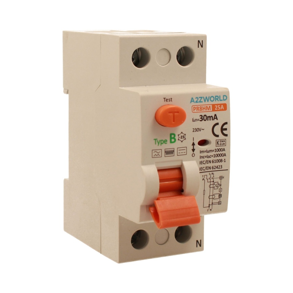 A2ZWORLD RCCB Interruttore Differenziale Puro Tipo B 1P+N 2M 10000A 30mA AC 230V IP20 IEC61008-1 / IEC62423 PR8HM