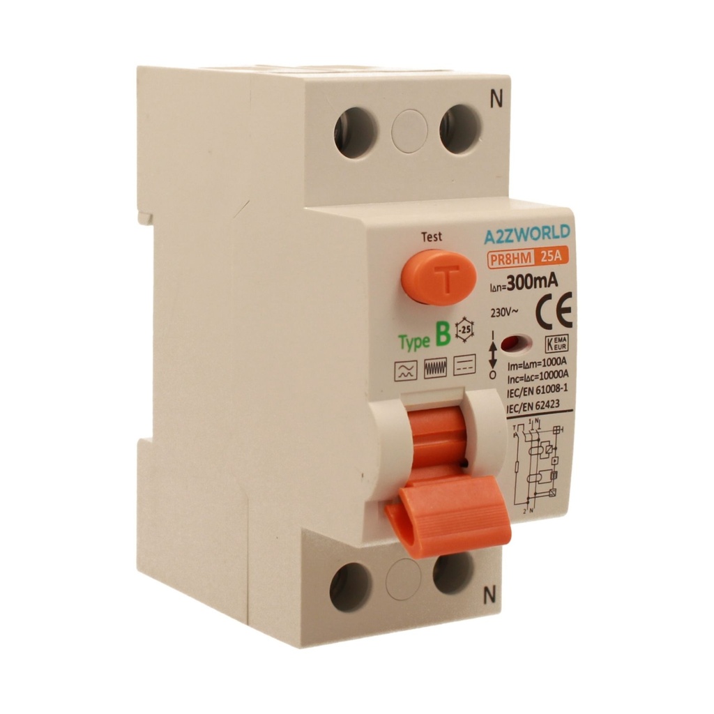 A2ZWORLD RCCB Interruttore Differenziale Puro Tipo B 1P+N 2M 10000A 300mA AC 230V IP20 IEC61008-1 / IEC62423 PR8HM