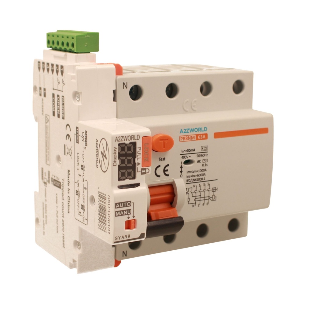 A2ZWORLD RCCB Interruttore Differenziale Puro Trifase Riarmo Automatico, Tipo AC 3P+N 5M 6000A 63A AC 400V IP20 IEC61008-1 PR8NM