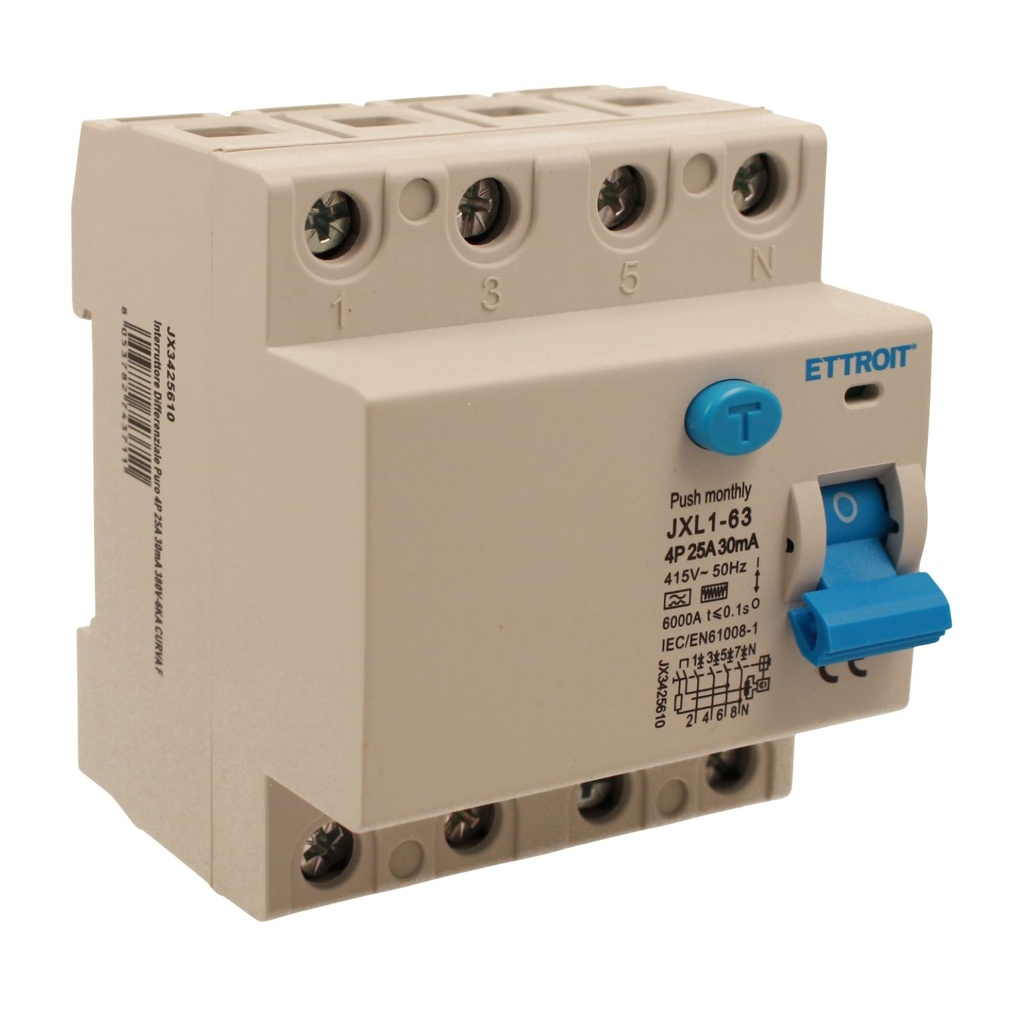 [JX3425610] RCCB Interruttore Differenziale Puro Tipo F 3P+N 4M 6000A 30mA 25A AC 400V IP20 IEC61008-1