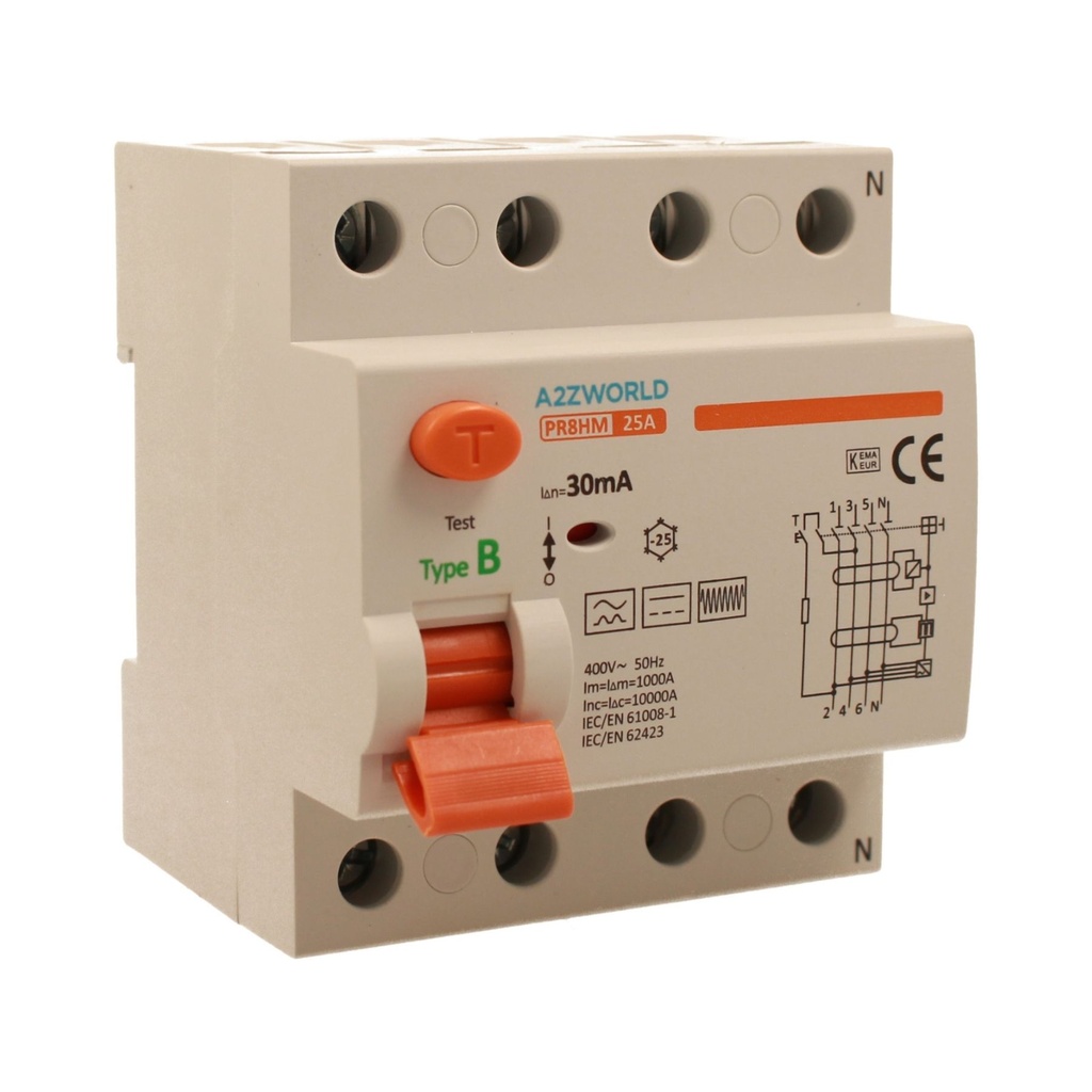 A2ZWORLD RCCB Interruttore Differenziale Puro Tipo B 3P+N 4M 10000A 30mA AC 400V IP20 IEC61008-1 / IEC62423 PR8HM, Corrente Disponibili 25A 40A 63A 100A
