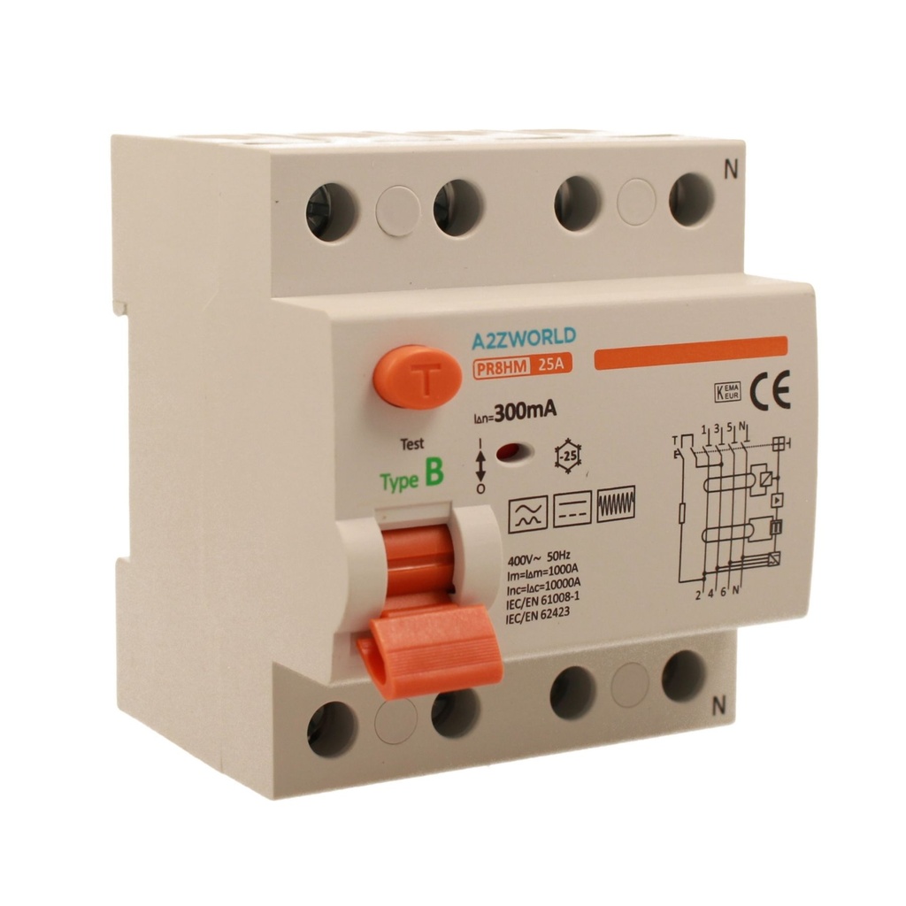 A2ZWORLD RCCB Interruttore Differenziale Puro Tipo B 3P+N 4M 10000A 300mA AC 400V IP20 IEC61008-1 / IEC62423 PR8HM, Corrente Disponibili 25A 40A 63A 100A