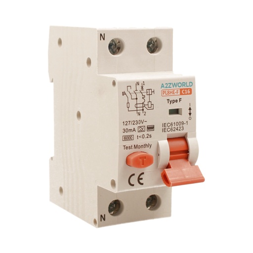 [GB95316] RCBO Interruttore Magnetotermico Differenziale Tipo F Curva C 1P+N 2M 6000A 30mA C16A AC 230V IP20 IEC61009-1
