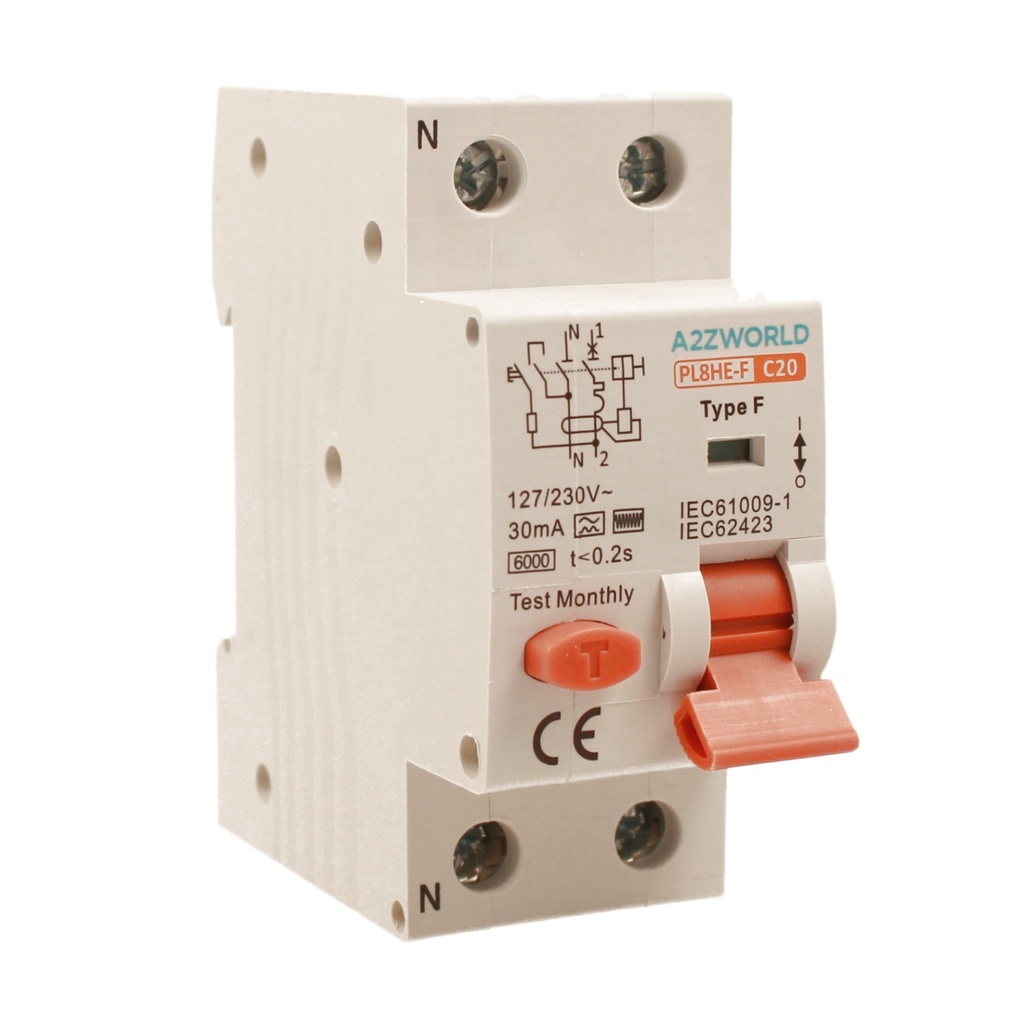 RCBO Interruttore Magnetotermico Differenziale Tipo F Curva C 1P+N 2M 6000A 30mA C20A AC 230V IP20 IEC61009-1
