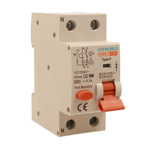 [GB95320] RCBO Interruttore Magnetotermico Differenziale Tipo F Curva C 1P+N 2M 6000A 30mA C20A AC 230V IP20 IEC61009-1