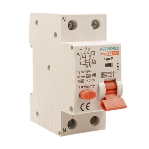 [GB95332] RCBO Interruttore Magnetotermico Differenziale Tipo F Curva C 1P+N 2M 6000A 30mA C32A AC 230V IP20 IEC61009-1