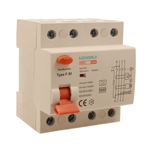 [GC96363] RCCB Interruttore Differenziale Puro Tipo F - SI 3P+N 4M 10000A 30mA Super Immunizzato 63A AC 400V IP20 IEC61008-1