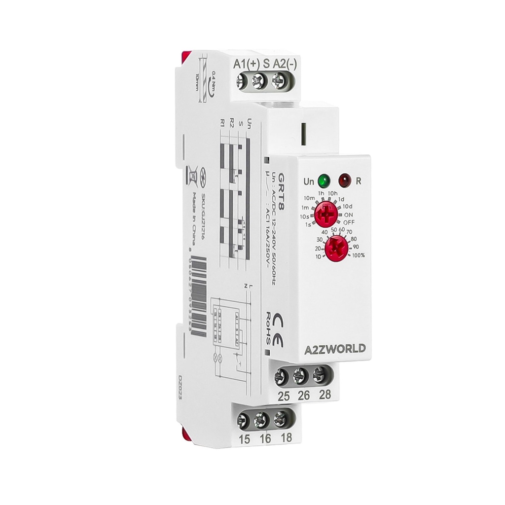 [GJ21216] Relè Passo Passo e Ritardo alla Diseccitazione, Silenzioso AC/DC 12V 24V 240V, 2 Funzioni in 1 (Bistabile + Timer 0.1s–10 Giorni), 2 Uscite 16A, 1 Modulo DIN IP20, GRT8-A2